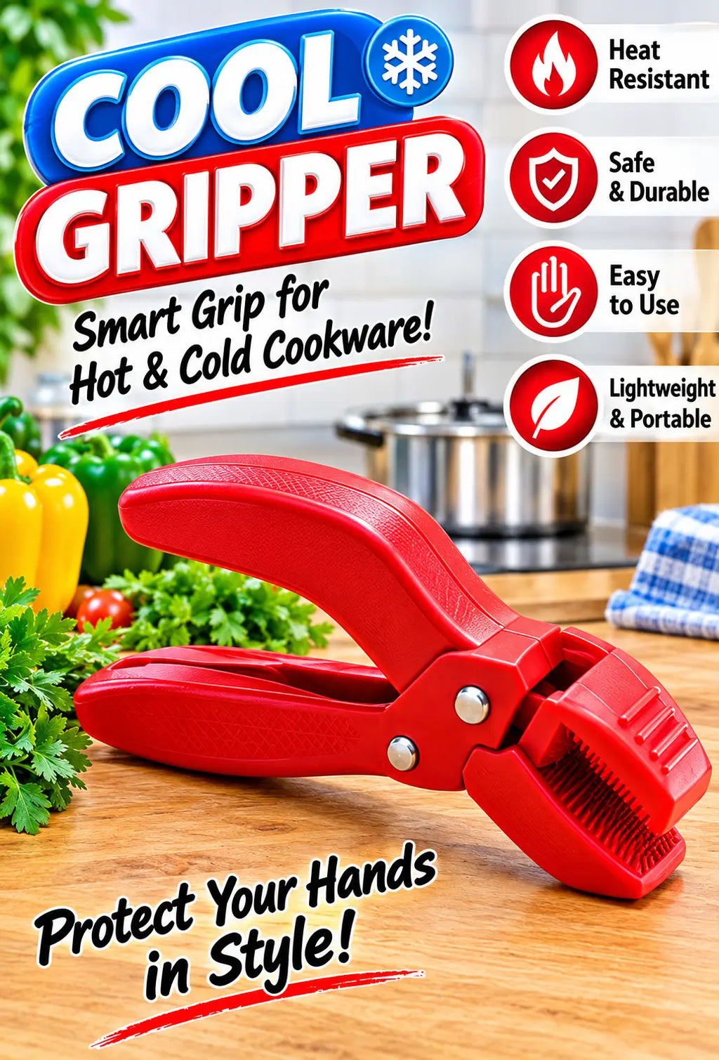Cool Gripper Kitchen Tongs – Heat Resistant Hot Plate & Pan Lifter, Multi-Purpose Cooking Grip Tool