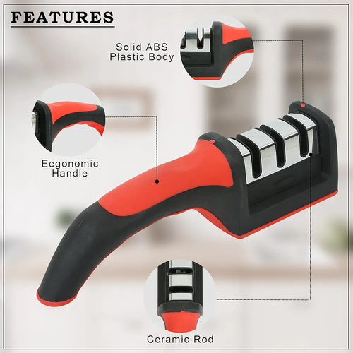 3 in 1 Knife Sharpener with Easy-Grip Handle and Non-Slip Rubber Base, 3-Stage Sharpening Tool for All Types of Knives