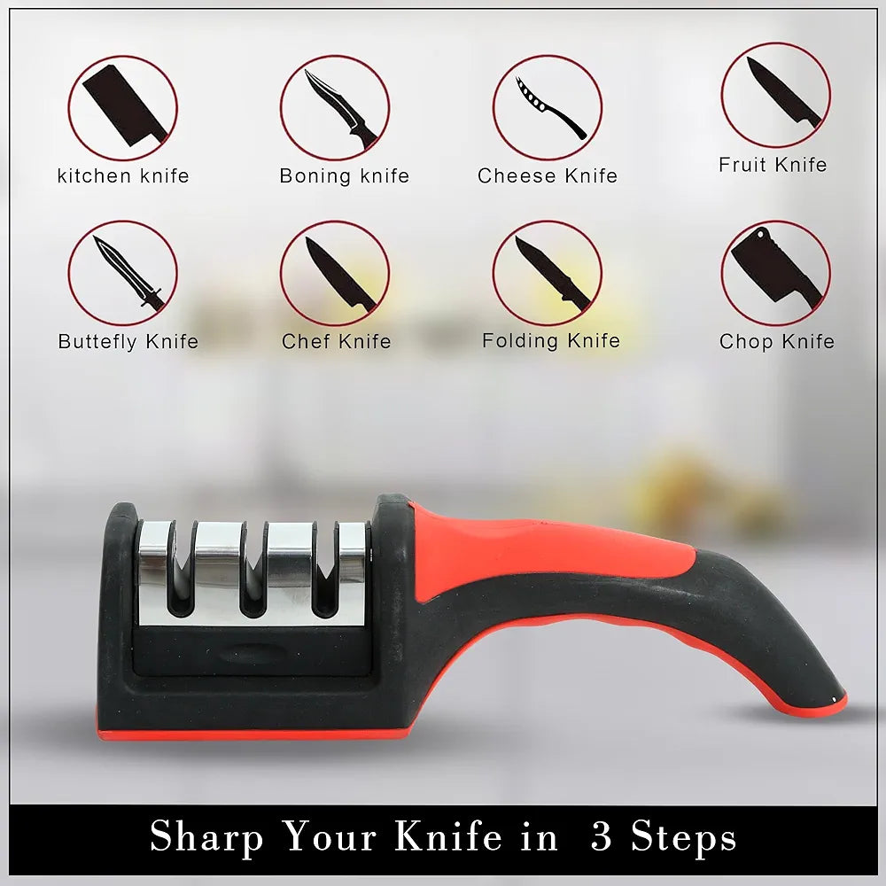 3 in 1 Knife Sharpener with Easy-Grip Handle and Non-Slip Rubber Base, 3-Stage Sharpening Tool for All Types of Knives