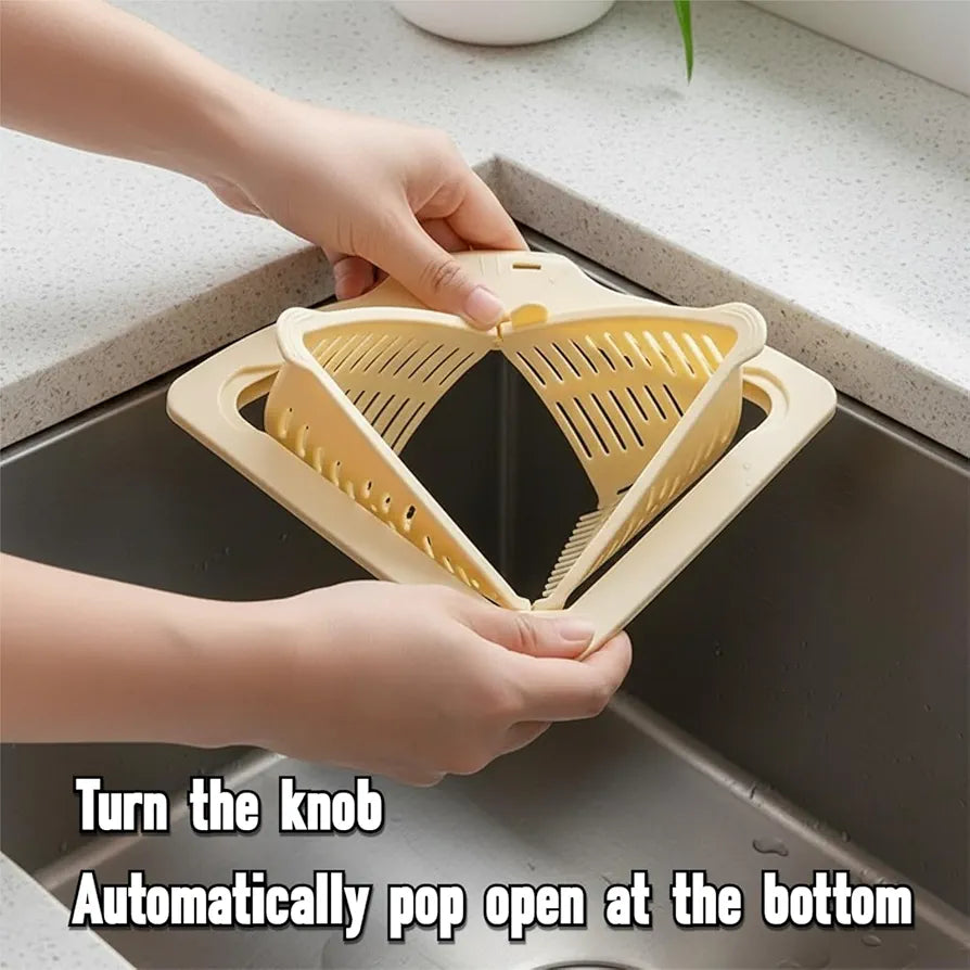 Magnetic Drainage & Filter Basket, Triangular Sink Strainer with Twist-Open Bottom, Kitchen Sink Corner Rack for Draining & Storage, Punch-Free Installation, No Tools Needed