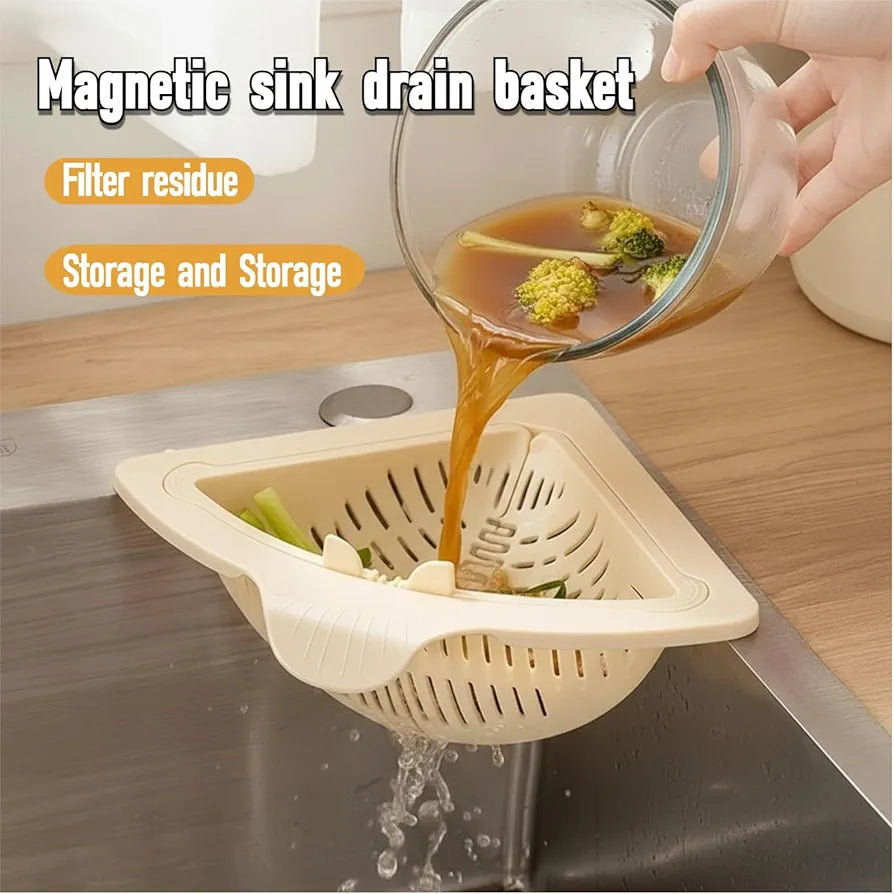 Magnetic Drainage & Filter Basket, Triangular Sink Strainer with Twist-Open Bottom, Kitchen Sink Corner Rack for Draining & Storage, Punch-Free Installation, No Tools Needed