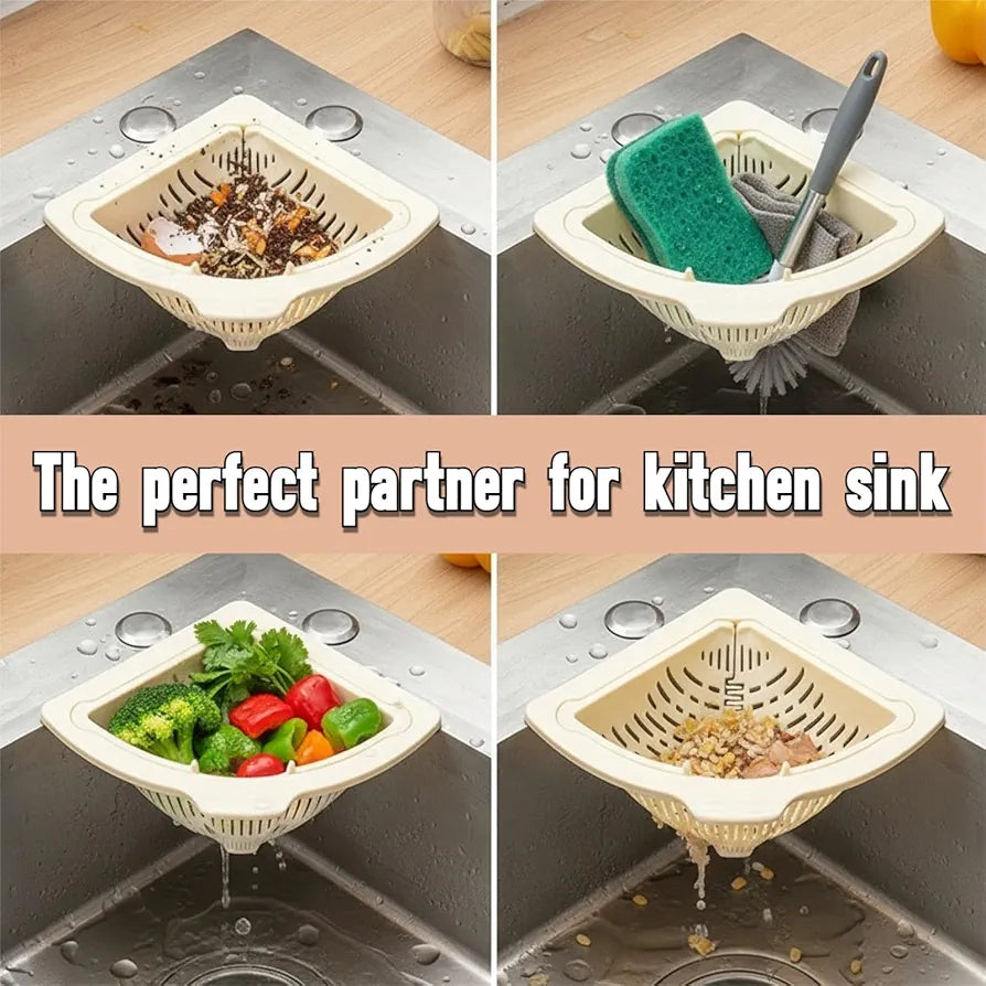 Magnetic Drainage & Filter Basket, Triangular Sink Strainer with Twist-Open Bottom, Kitchen Sink Corner Rack for Draining & Storage, Punch-Free Installation, No Tools Needed